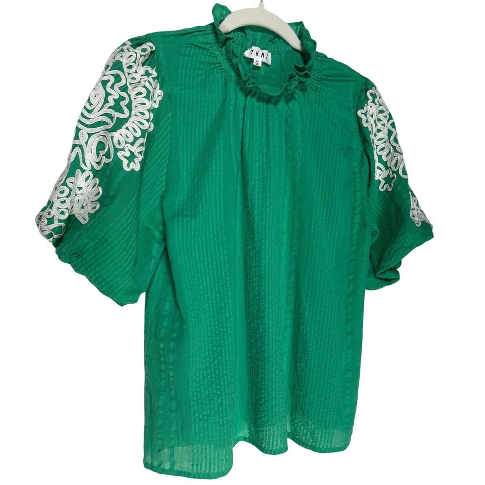 THML Green Embroidered Puff Sleeve Ruffle Neck Cotton Blouse TDM1041-GN XS